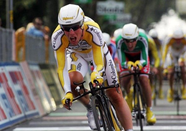 Mark Cavendish gasps for air after crossing the finish for Team Columbia - Highroad.