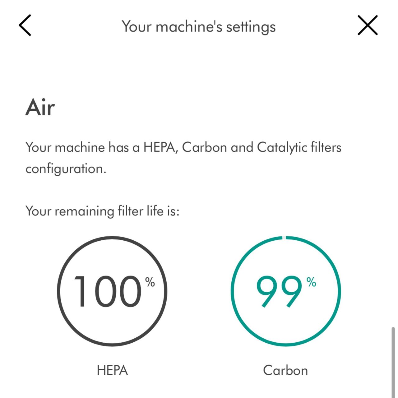 Screenshot of Dyson app with filter life remaining