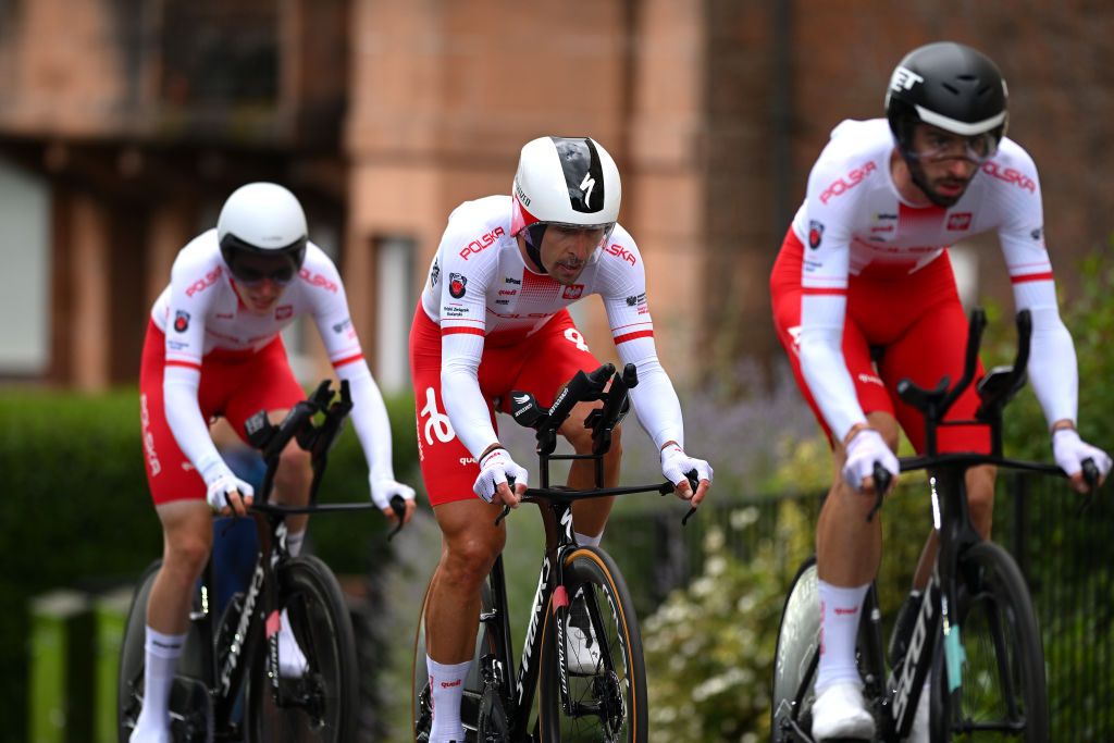 GLASGOW SCOTLAND AUGUST 08 Maciej Bodnar of Poland sprints during the Team Time Trial Mixed Relay a 403km race from Glasgow to Glasgow at the 96th UCI Cycling World Championships Glasgow 2023 Day 6 UCIWT on August 08 2023 in Glasgow Scotland Photo by Dario BelingheriGetty Images