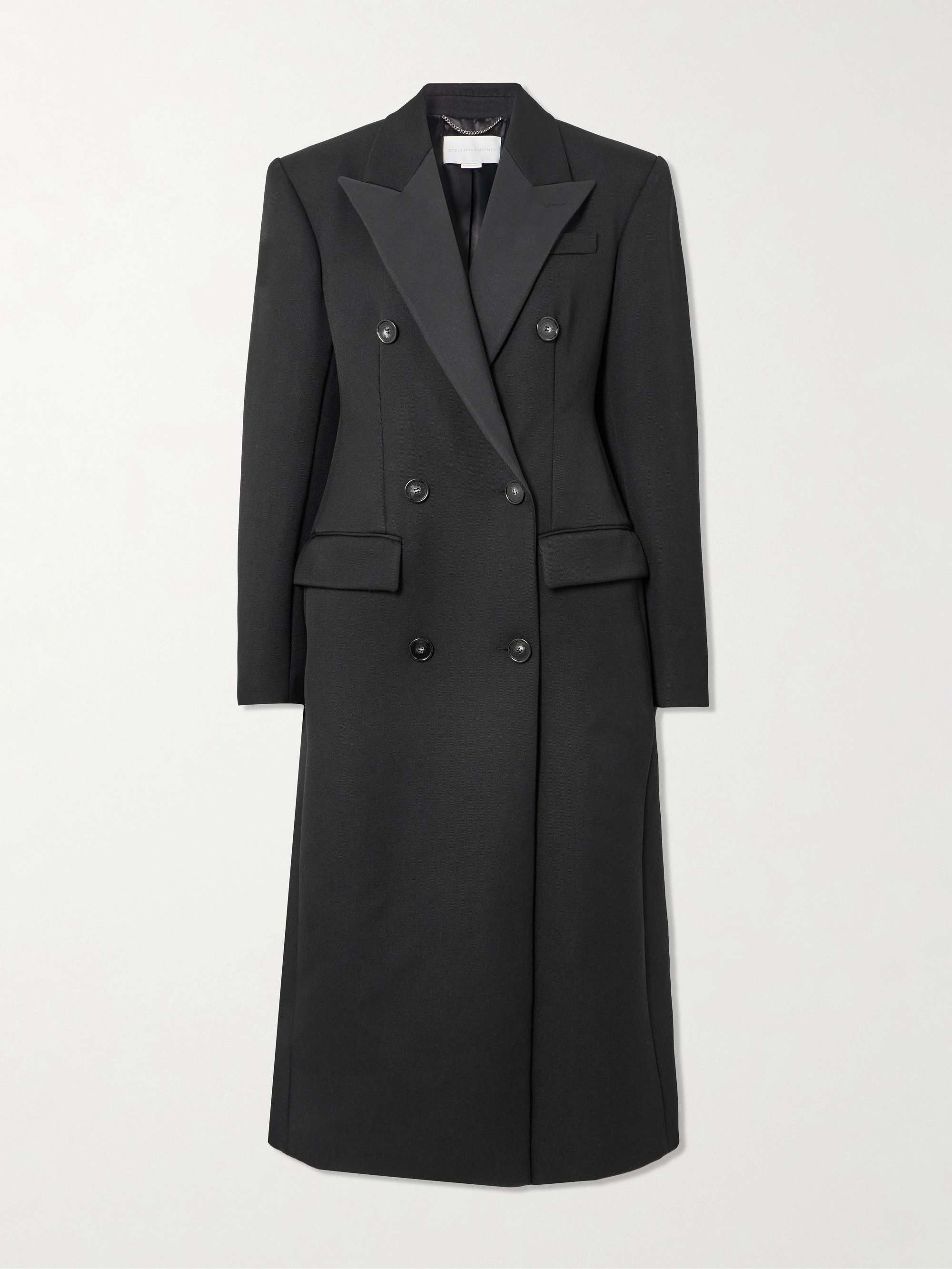 Double-Breasted Satin-Trimmed Twill Coat