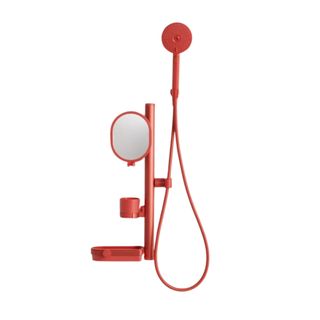 A red Sproos shower set with a shower head, mirror and soap dish