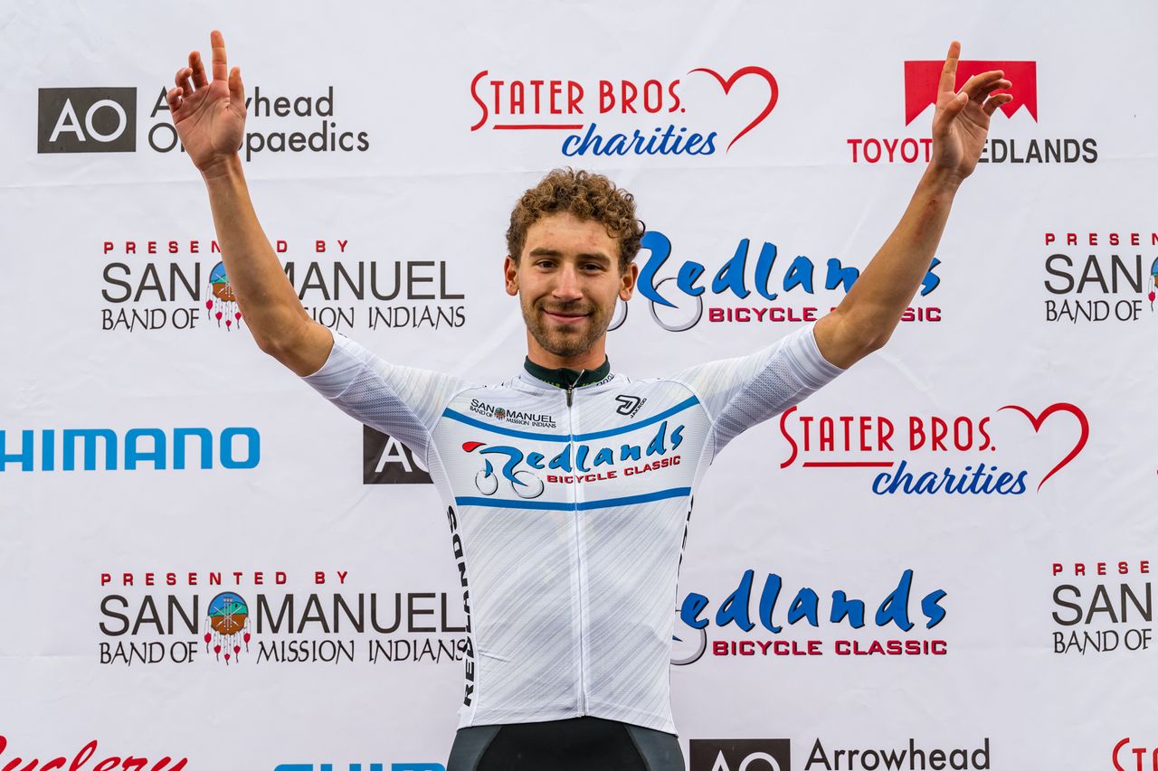 Quinn Felton (Aevolo Cycling) celebrates best amateur white jersey at 2024 Redlands Bicycle Classic