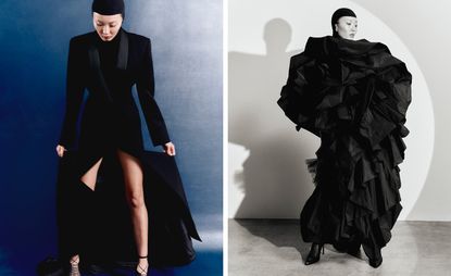 Woman in S/S 2023 black hood and woman in ruffled black dress