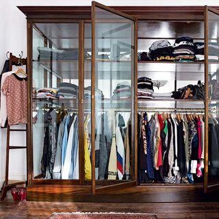 clothes storage with wardrobe and wooden flooring