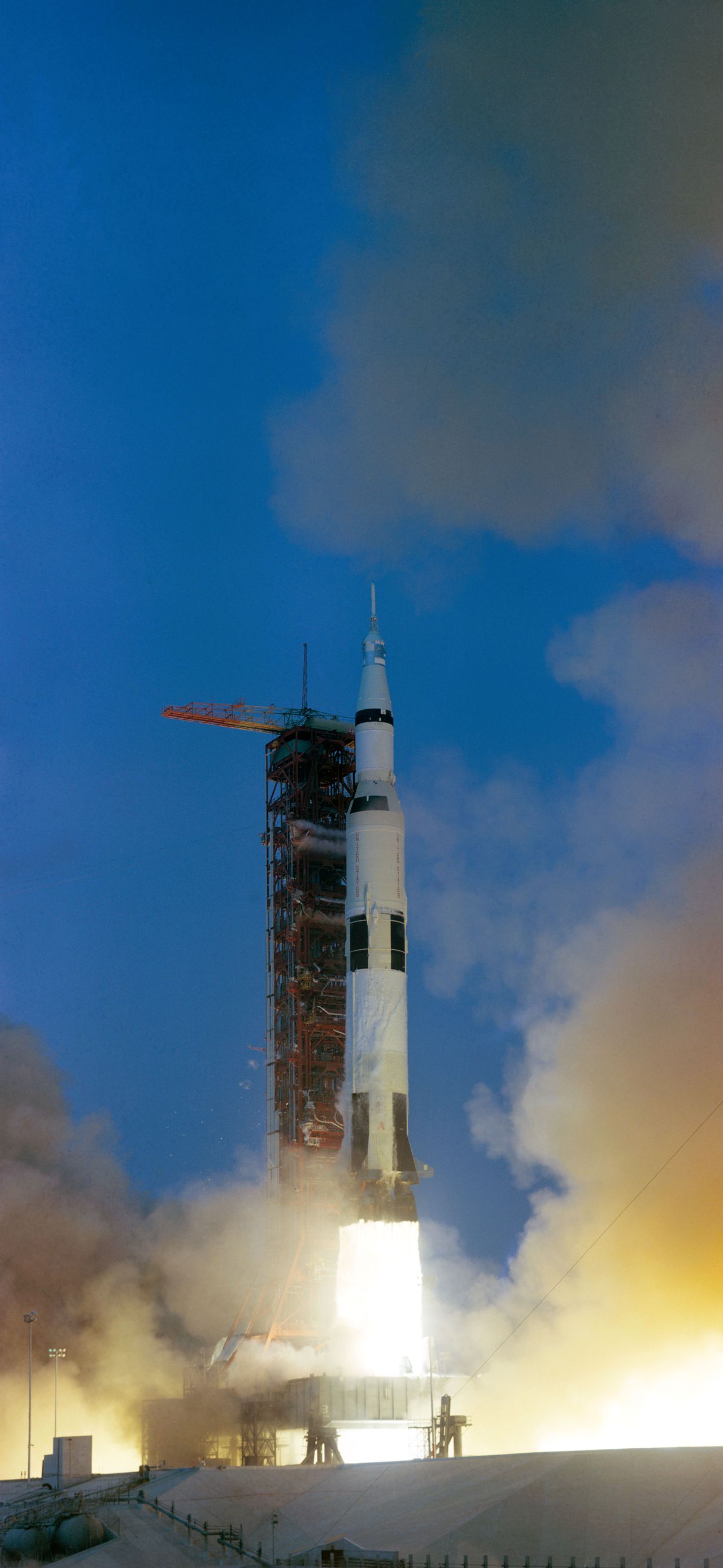 Liftoff! The Saturn V rocket heads for the moon carrying the Apollo 11 command and service module and lunar module spacecraft.