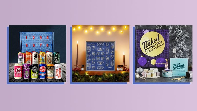 Three of the best alcohol advent calendars of 2021 from Drinks By Dram, Naked Marshamallow Co., and Give Me Beer shown side-by-side