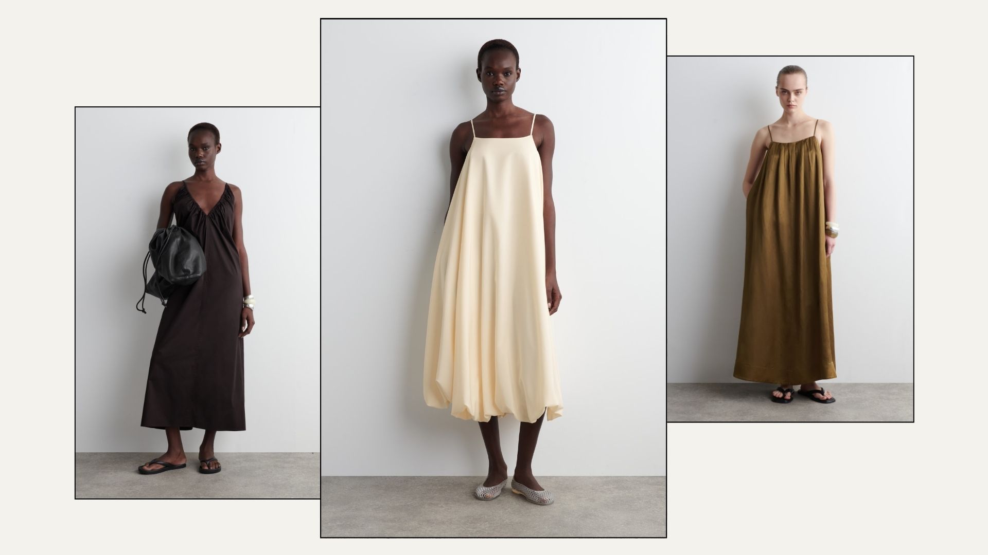 Woman wears brown midi dress; woman wears yellow balloon-hem dress; woman wears green maxi dress