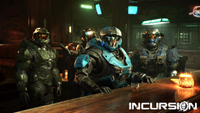 Master Chief and three Halo: Reach Spartans stand inside a bar in Gears of War: E-Day, showcasing the Incursion mod during a campaign cutscene.