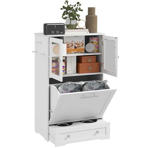 Pawhut Dog Feeding Station With 2 Storage Cabinets, Dog Food Storage Cabinet With 2 Raised Bowls, Side Hooks, Anti-Tip Kit for Water and Feeding Supplies, White