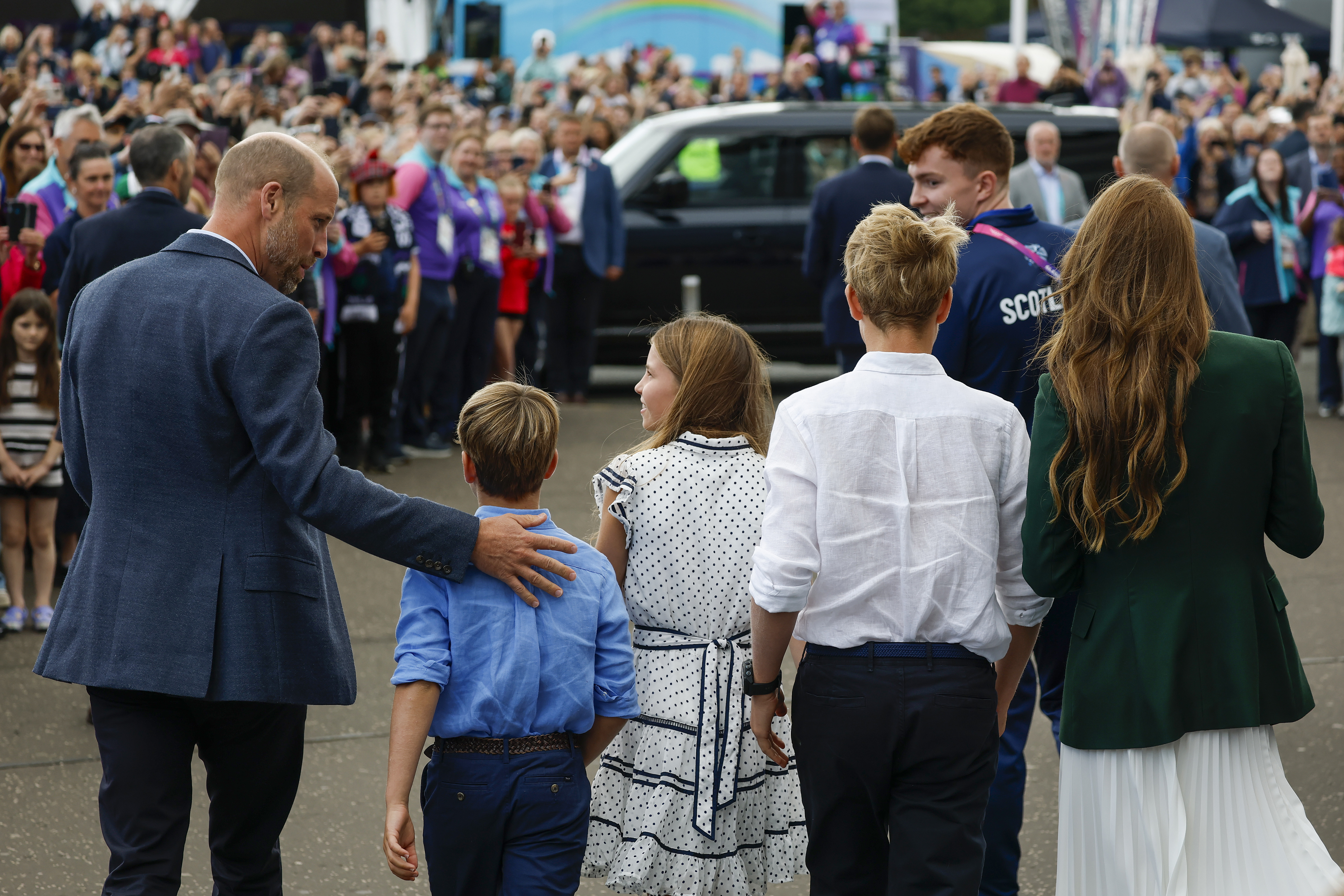 Prince William and Princess Kate with Prince George, Princess Charlotte and Prince Louis arrive for the Glasgow 2026 Commonwealth Games at The Hydro on August 1, 2026 in Glasgow, Scotland