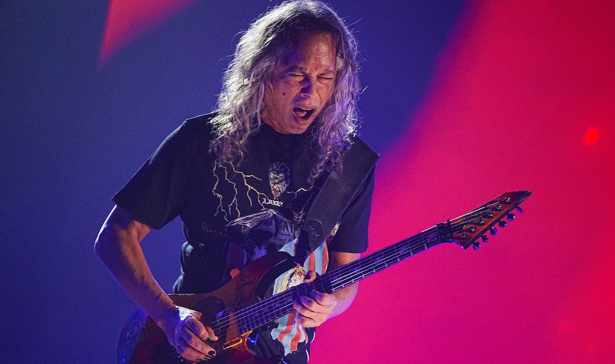 Kirk Hammett performs onstage with Metallica at the Microsoft Theater in Los Angeles, California on December 16, 2022