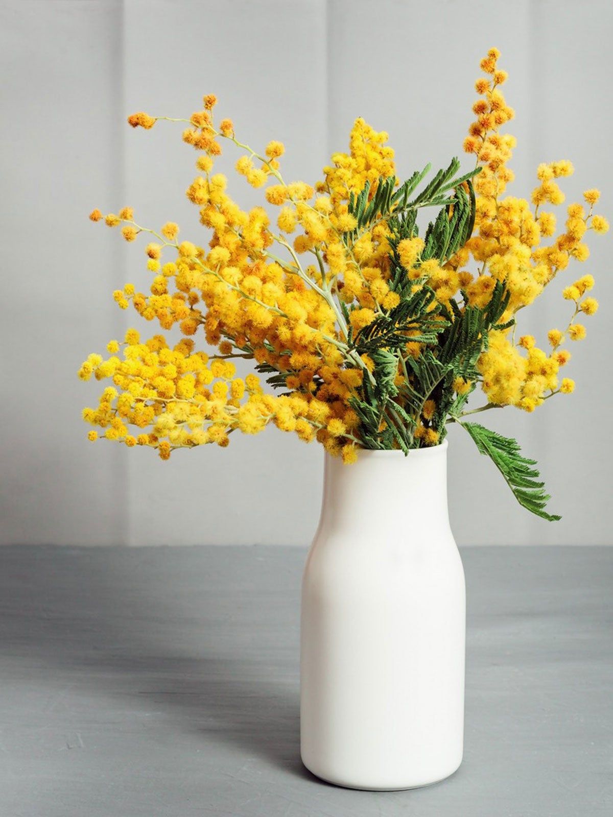 Bouquet Of Bright Yellow Flowers In White Glass Vase