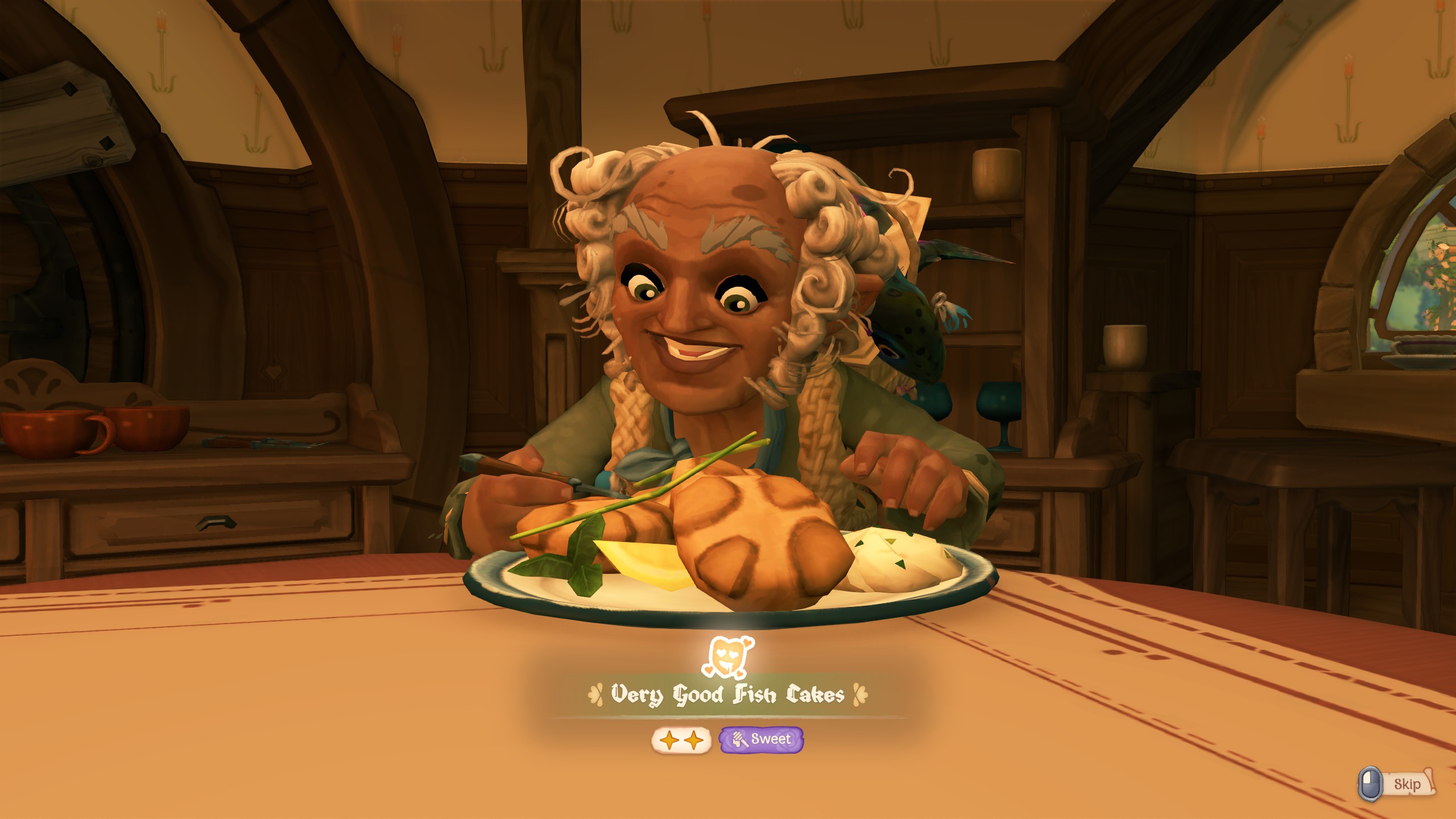 A hobbit happy to be eating a meal