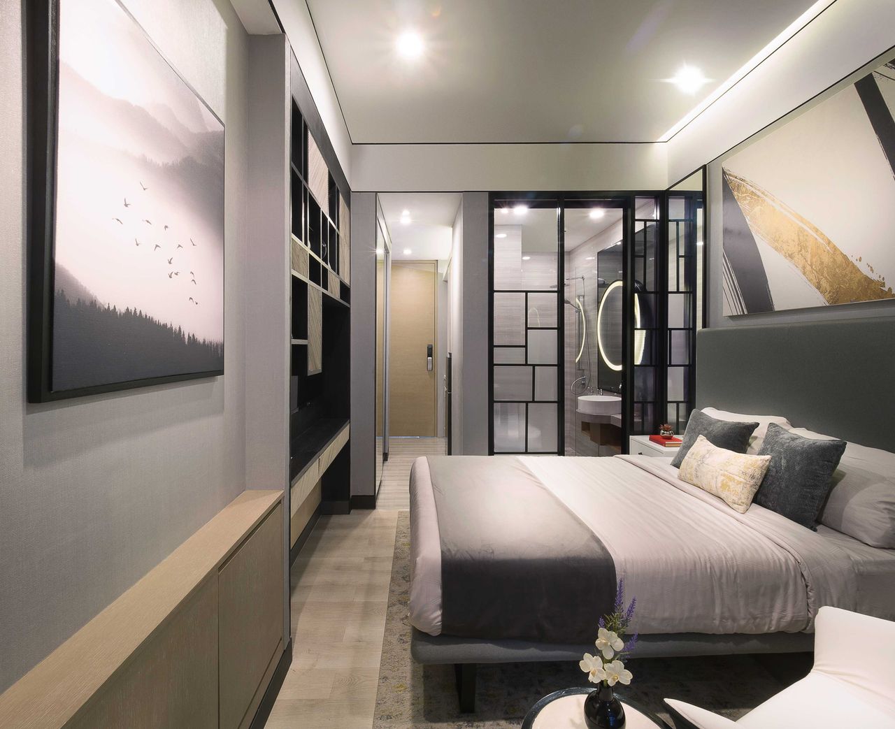 a small apartment with a fold out table