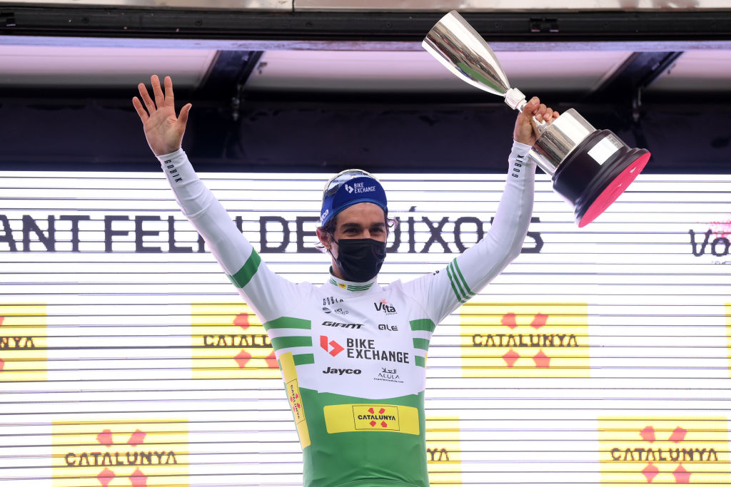 SANT FELIU DE GUIXOLS SPAIN MARCH 21 Michael Matthews of Australia and Team BikeExchange Jayco celebrates at podium as green leader jersey winner during the 101st Volta Ciclista a Catalunya 2022 Stage 1a 171km stage from Sant Feliu de Guxols to Sant Feliu de Guxols VoltaCatalunya101 WorldTour on March 21 2022 in Sant Feliu de Guixols Spain Photo by David RamosGetty Images