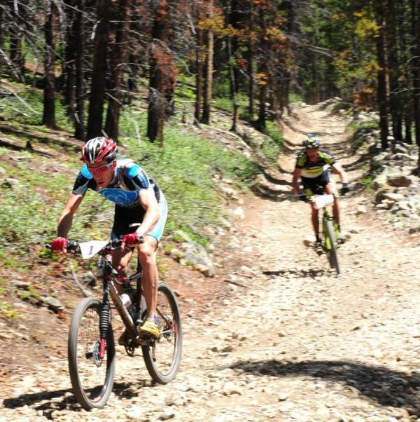 Jeremiah Bishop (MonaVie/Cannondale) descending into French Gulch with Wiens close behind.