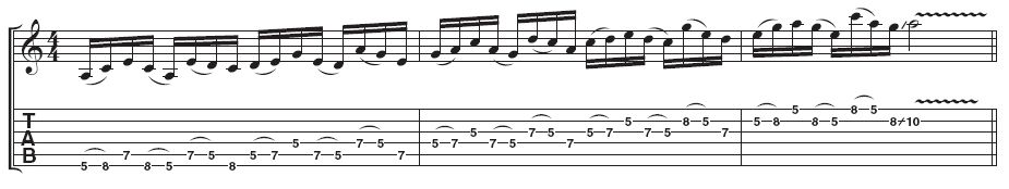 It's quite easy to start thinking in triplets, as the first three notes are grouped in a suggestive manner. This is wrong, however, and you should take the time not only to concentrate on the eight note phrase, but to maintain a pulse with your foot. Notice in the video how Paul often nods his head on each beat. It can help to find the strong beats (ie, the slide in the next bar) when you are playing odd groupings of notes.