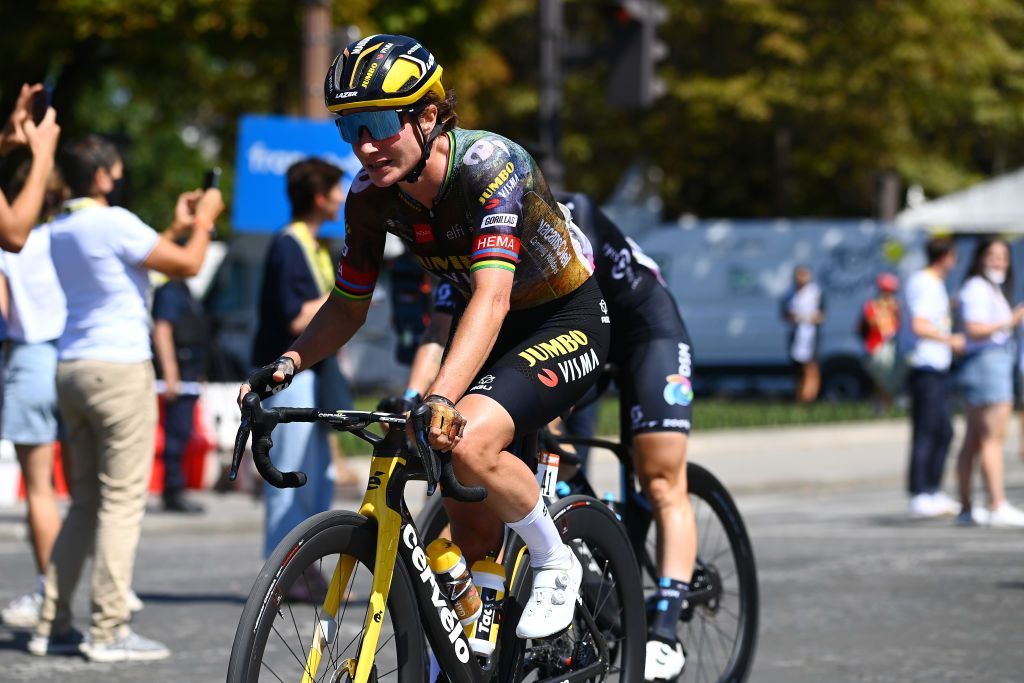 PARIS FRANCE JULY 24 Marianne Vos of Netherlands and Jumbo Visma Women Team crosses the finish line during the 1st Tour de France Femmes 2022 Stage 1 a 817km stage from Paris Tour Eiffel to Paris Champslyses TDFF UCIWWT on July 24 2022 in Paris France Photo by Tim de WaeleGetty Images