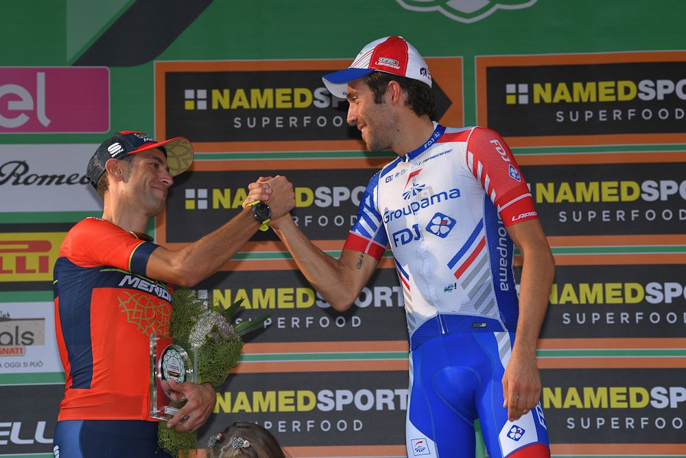 Vincenzo Nibali congratulates Thibaut Pinot at Il Lombardia