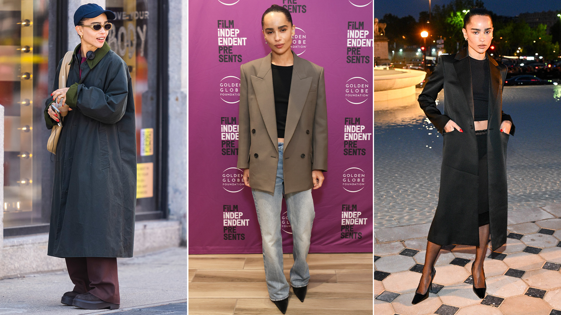 A collage of Zoë Kravitz wearing different fall outfit formulas.