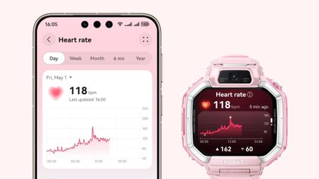 The Huawei Watch Kids X1 next to an app tracking heart rate 