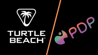 Turtle Beach's logo on a black background with an orange line separating it from PDP's logo