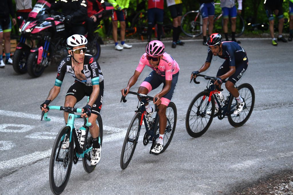 SEGA DI ALA ITALY MAY 26 Simon Yates of United Kingdom and Team BikeExchange Egan Arley Bernal Gomez of Colombia and Team INEOS Grenadiers Pink Leader Jersey Daniel Felipe Martinez Poveda of Colombia and Team INEOS Grenadiers in breakaway during the 104th Giro dItalia 2021 Stage 17 a 193km stage from Canazei to Sega di Ala 1246m UCIworldtour girodiitalia Giro on May 26 2021 in Sega di Ala Italy Photo by Tim de WaeleGetty Images