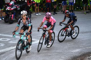 SEGA DI ALA ITALY MAY 26 Simon Yates of United Kingdom and Team BikeExchange Egan Arley Bernal Gomez of Colombia and Team INEOS Grenadiers Pink Leader Jersey Daniel Felipe Martinez Poveda of Colombia and Team INEOS Grenadiers in breakaway during the 104th Giro dItalia 2021 Stage 17 a 193km stage from Canazei to Sega di Ala 1246m UCIworldtour girodiitalia Giro on May 26 2021 in Sega di Ala Italy Photo by Tim de WaeleGetty Images