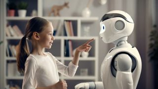 Flicka pratar med en AI-robot.