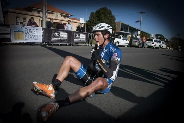 Geoff Straub (Bikebug.com) holds his arm after a nasty crash during stage one of the tour.