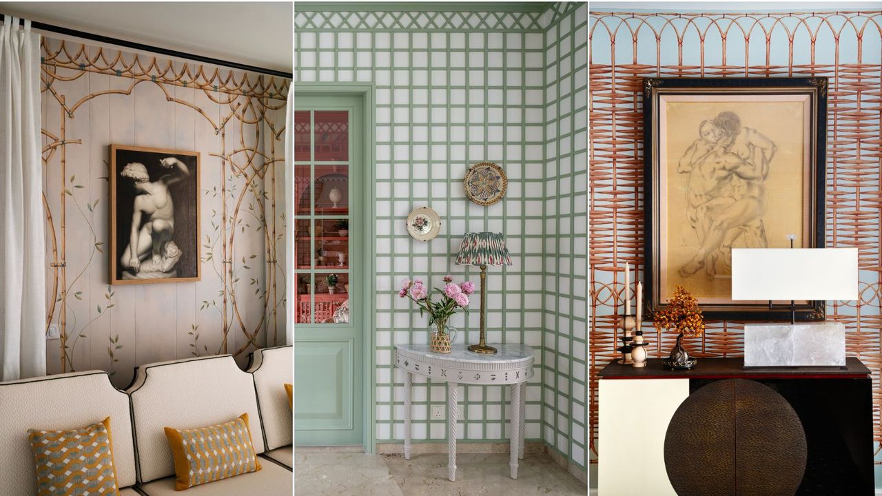 trellis style wallpaper featured on walls in homes