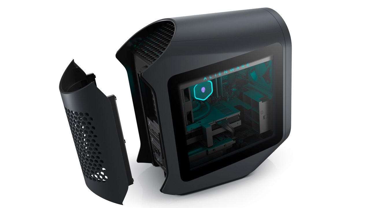 Alienware Aurora with rear cover being attached.