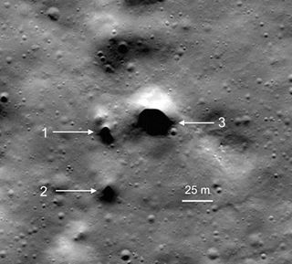 Lava tube skylight candidates at Philolaus Crater near the moon's North Pole.