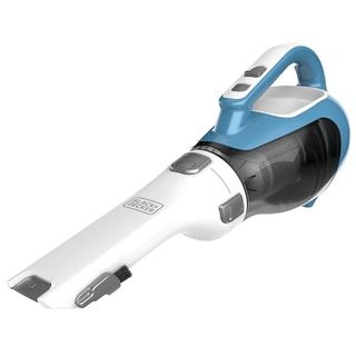 A handheld vacuum with a blue handle and a long white rectangular nozzle