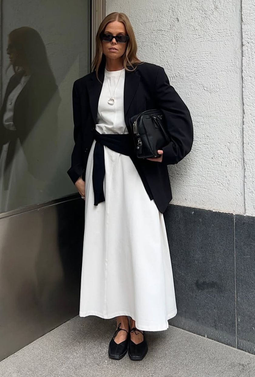 @haaannajohansson wears a black blazer, white midi dress, black flats and a handbag
