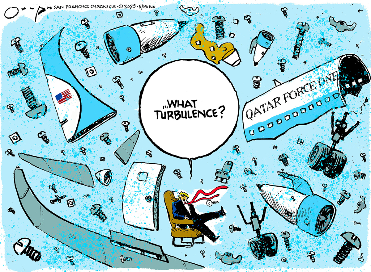 This political cartoon takes place in the air and depicts Donald Trump in an airplane seat surrounded by dozens of pieces of a broken plane labeled "Qatar Force One". He asks, "What turbulence?"