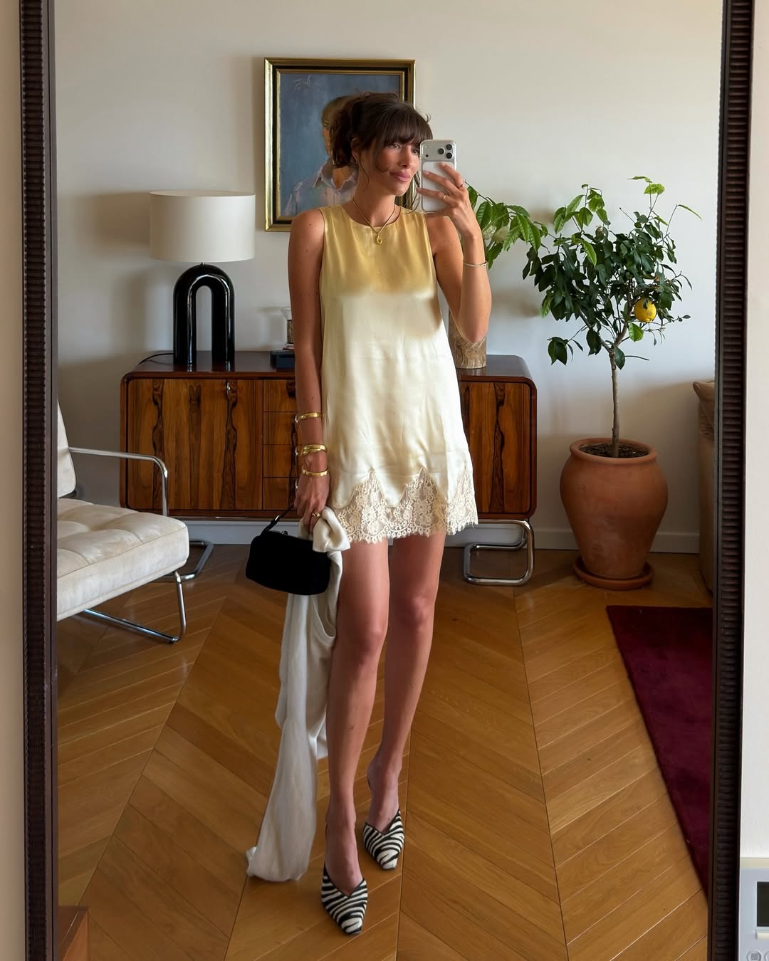 @juliesfi wears silk cami dress zebra shoes