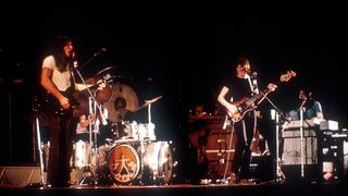 Pink Floyd perform live on stage at Amsterdam Rock Circus at the Olympisch Stadium in Amsterdam, Netherlands on May 22 1972 L-R David Gilmour, Nick Mason, Roger Waters, Rick Wright 