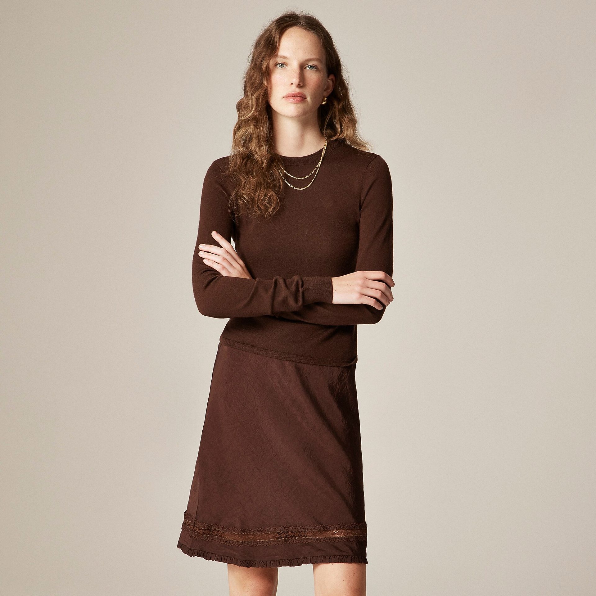 j.crew, Lace-Trim Slip Skirt in Matte Textured Satin