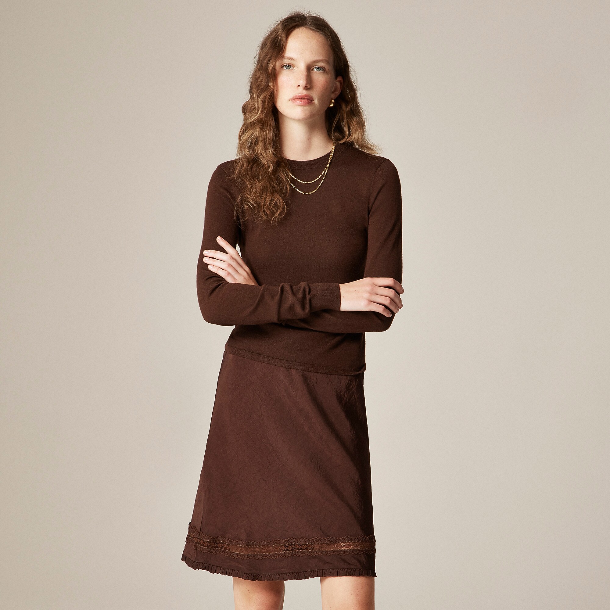 j.crew, Lace-Trim Slip Skirt in Matte Textured Satin