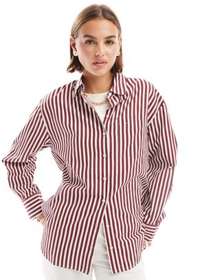 Stradivarius Oversized Shirt in Dark Red Stripe