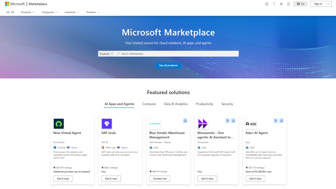 Microsoft Marketplace web panel showing search bar and featured solutions, with options for AI agents and AI applications, along with cloud services.