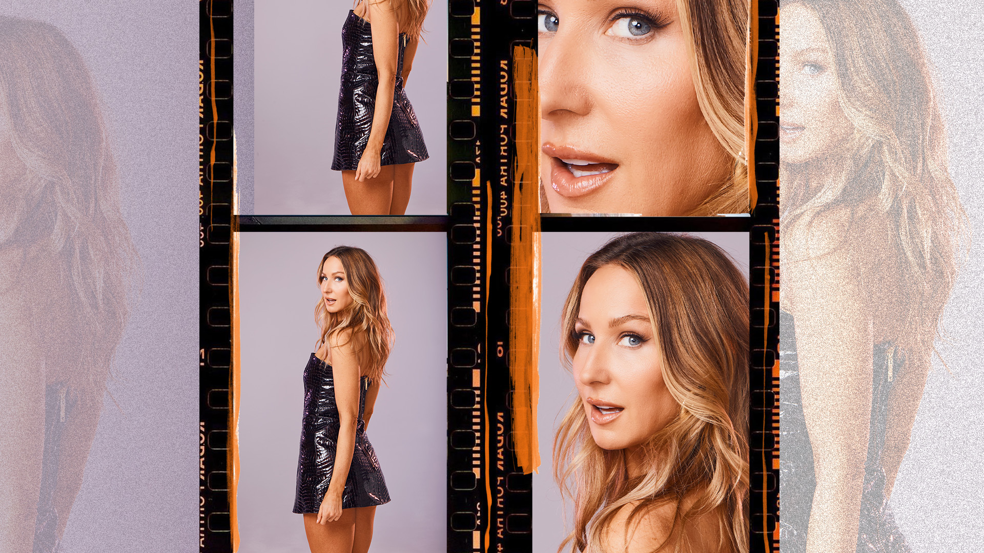 Nikki Glaser posing in a leather crocodile embossed mini dress.