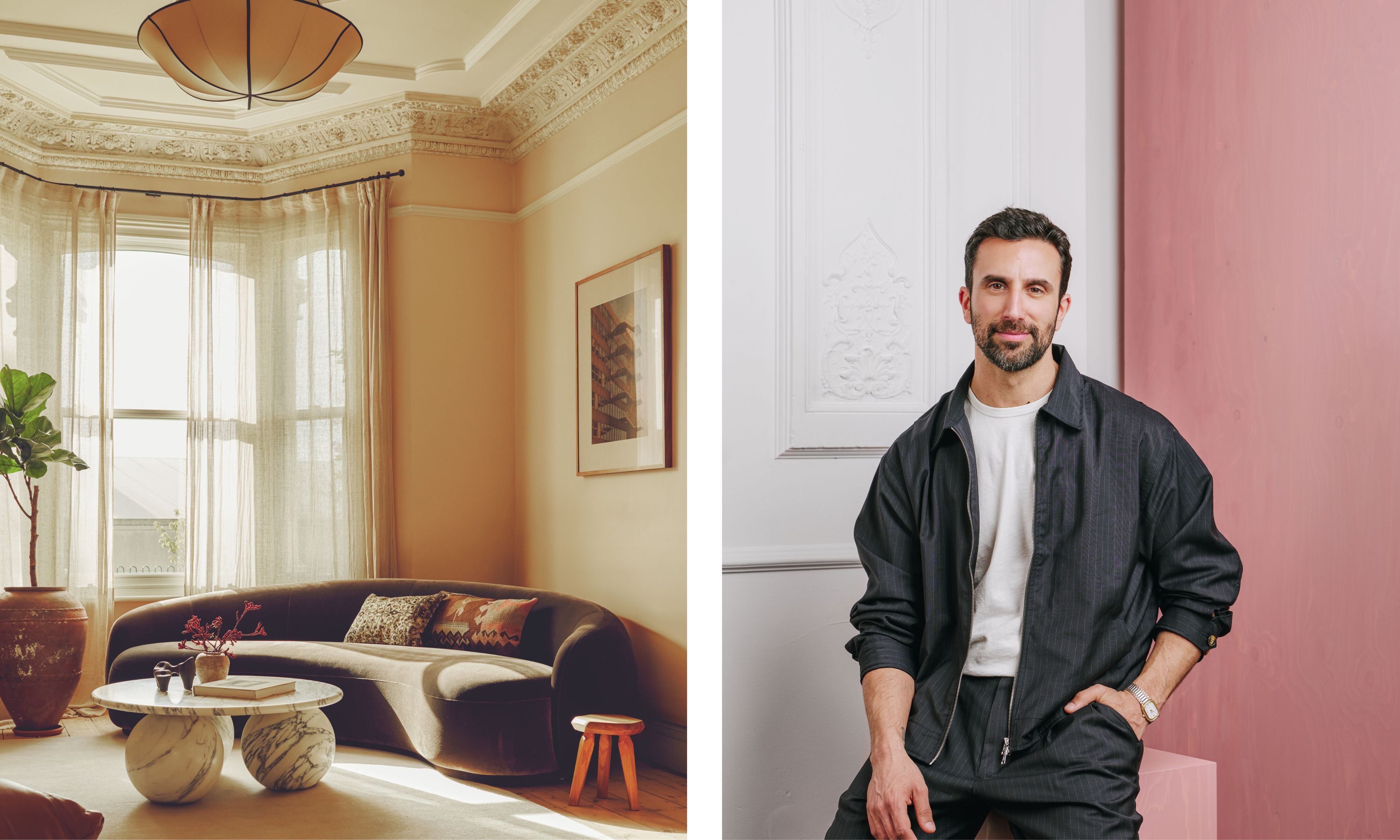 A bright lounge with ornate crown molding and a curved sofa. Right: Design Filippo Calvagno in a dark zip-up shirt and white tee sits against a backdrop of white and pink panels.