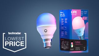 The LIFX A60 colour smart bulb and its box on a blue background