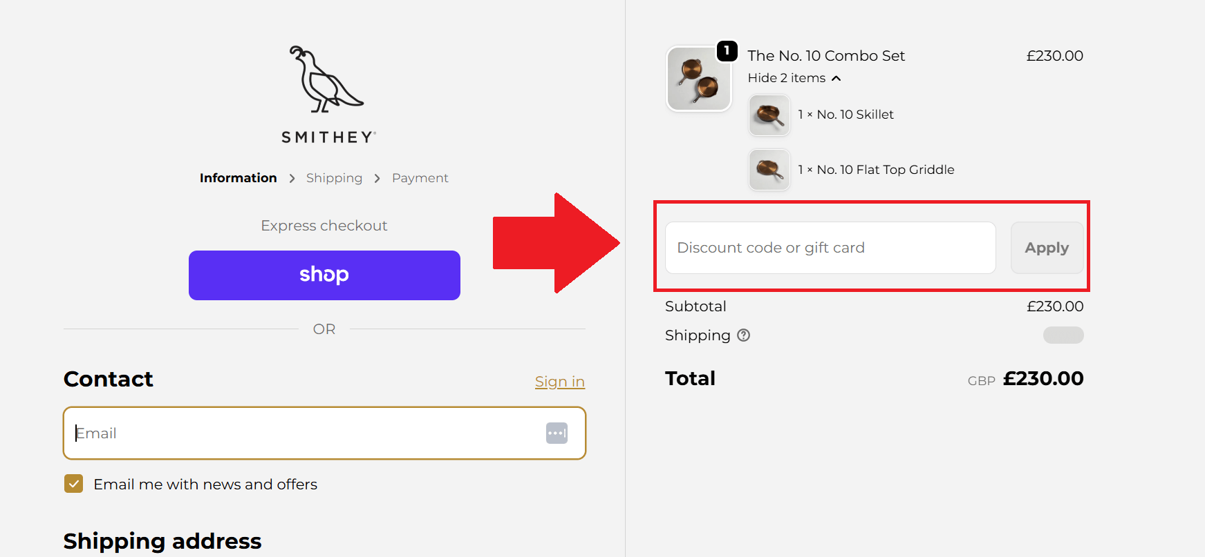 A screenshot of the smithey checkout page showing where to enyer your smithey promo code