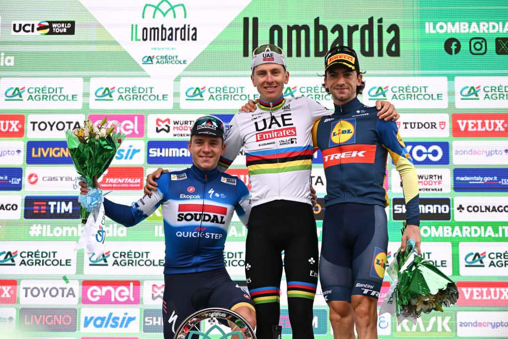 COMO ITALY OCTOBER 12 LR Remco Evenepoel of Belgium and Team Soudal QuickStep on second place race winner Tadej Pogacar of Slovenia and UAE Team Emirates and Giulio Ciccone of Italy and Team Lidl Trek on third place pose on the podium ceremony after the 118th Il Lombardia 2024 a 255km one day race from Bergamo to Como UCIWT on October 12 2024 in Como Italy Photo by Tim de WaeleGetty Images