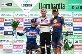 COMO ITALY OCTOBER 12 LR Remco Evenepoel of Belgium and Team Soudal QuickStep on second place race winner Tadej Pogacar of Slovenia and UAE Team Emirates and Giulio Ciccone of Italy and Team Lidl Trek on third place pose on the podium ceremony after the 118th Il Lombardia 2024 a 255km one day race from Bergamo to Como UCIWT on October 12 2024 in Como Italy Photo by Tim de WaeleGetty Images