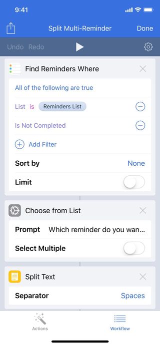 First part of a workflow showing workflow to split reminders