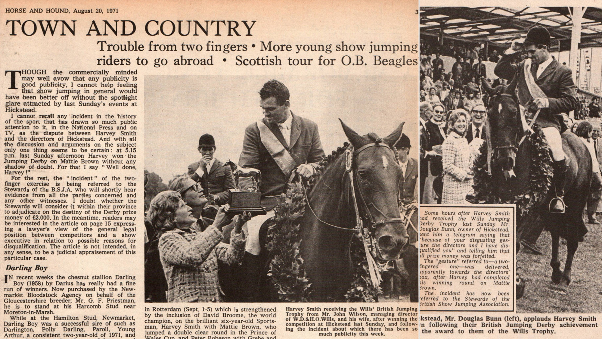 Collage of old newspaper clippings from Horse &amp;amp; Hound about Hickstead Derby 1971